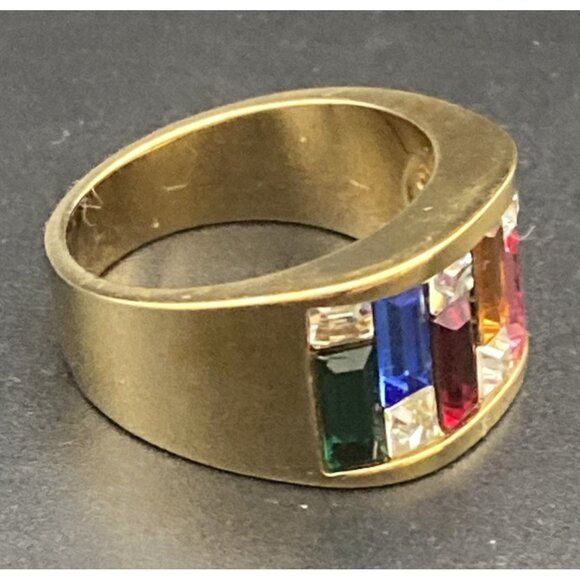 Art Deco Ring Yellow Gold Plated Multicolor Baguette Rhinestone CZ Band Sz 8.5 - Picture 4 of 9